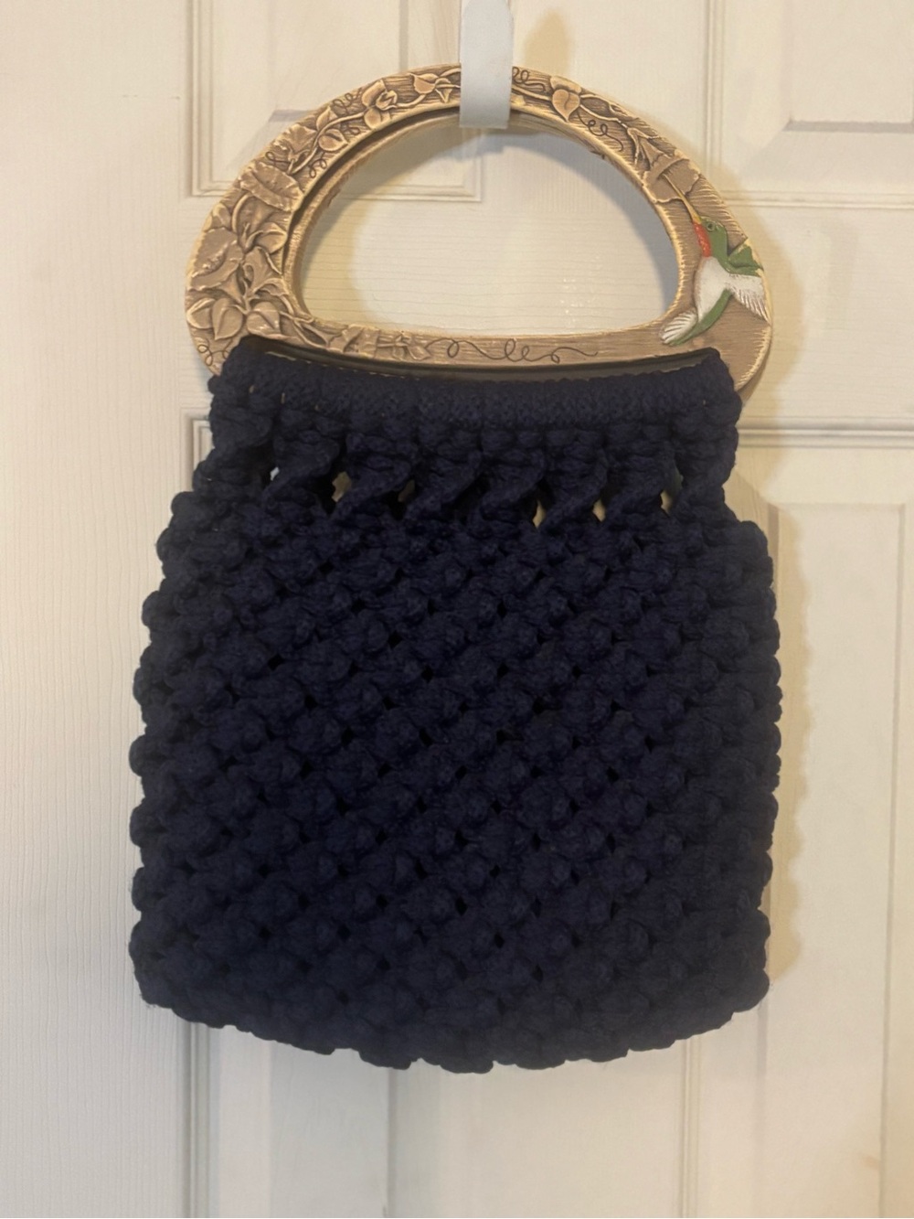 Handmade Navy Knit Tote with Decorative Wooden Handles hummingbirds